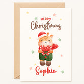 Christmas card with a cartoon reindeer wearing a Santa hat and scarf, text 'Merry Christmas Sophie', on a white background.